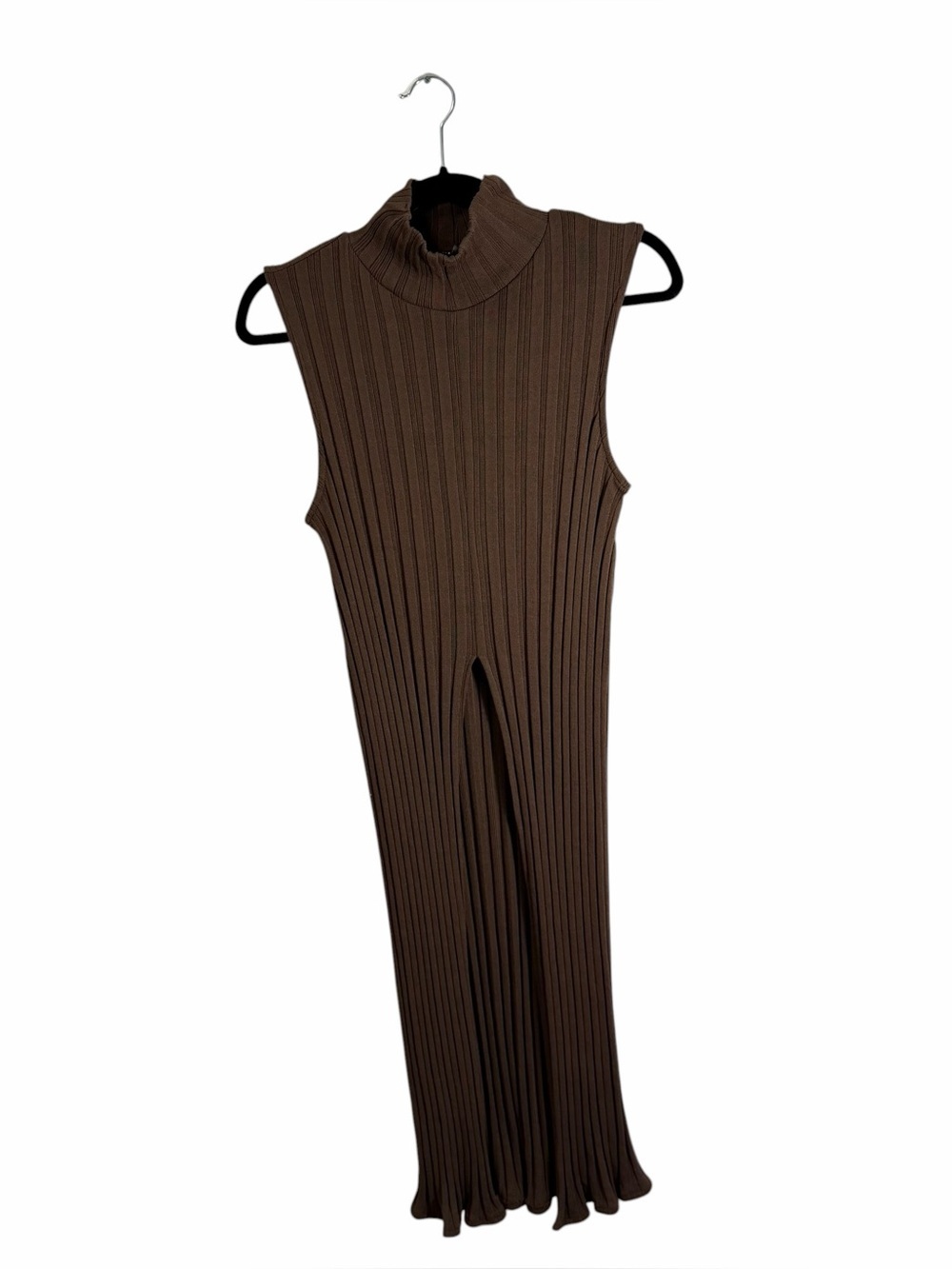 Zara Brown Sleeveless Ribbed Mock Neck Tunic